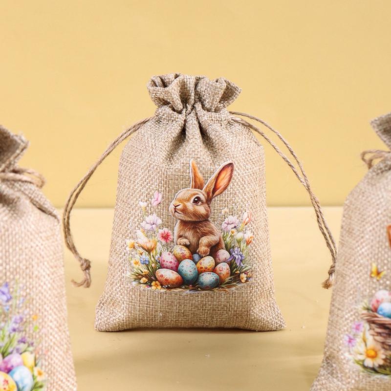 6Pcs Easter Linen Gift Bag Bunny Candy Cookie Packaging Bags Spring Easter Party Favor Supplies Kids Gifts Easter Decor 2026