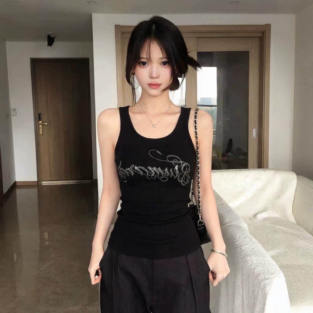 American Hot Diamond Letter Sleeveless I-shaped Vest for Women's Summer Outer Wear, Inner Backing, Slim and Thin Suspender Top