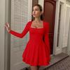 European & American Women's Square Neck Long Sleeve Slim Fit Short Dress - Beach Vacation Style