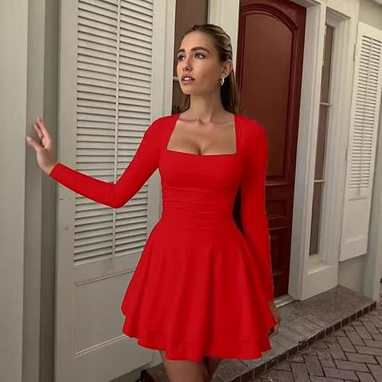 European & American Women's Square Neck Long Sleeve Slim Fit Short Dress - Beach Vacation Style