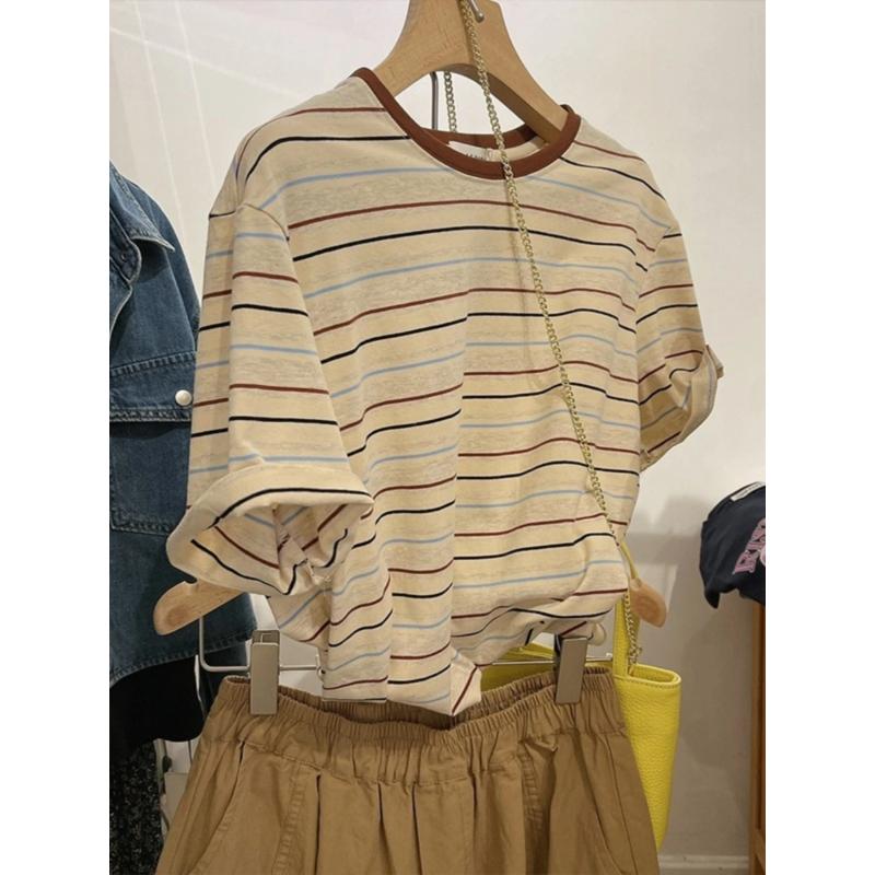 

Womens Classic Striped Crew Neck Short Sleeve T-Shirt L бежевый