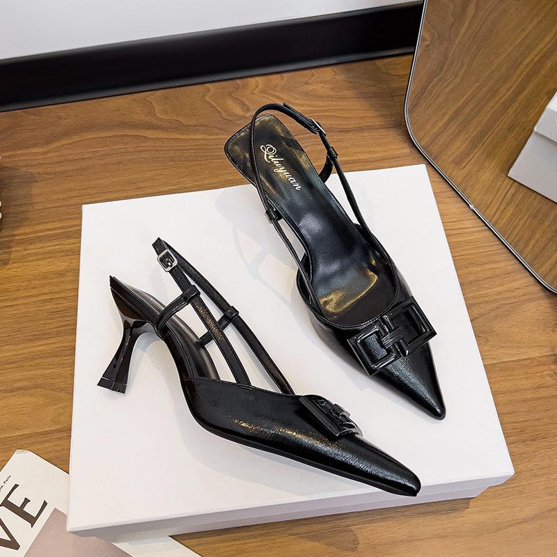 

Задньопорожні сандалі з головою, великий розмір, жіноче взуття 2025, нові, бордові, елегантні, на високих підборах-шпильці, з гострим носком, з ремінцем на одне слово, одинарні туфлі 42 чорний