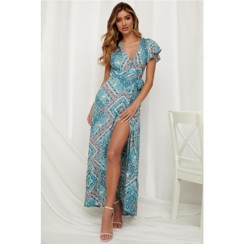 Summer Short Sleeve Casual Printed Long Dress Sexy Floral Fashion Elegant Loose Holiday A-line High Slit Party Dress Slim Fit Women's Clothing