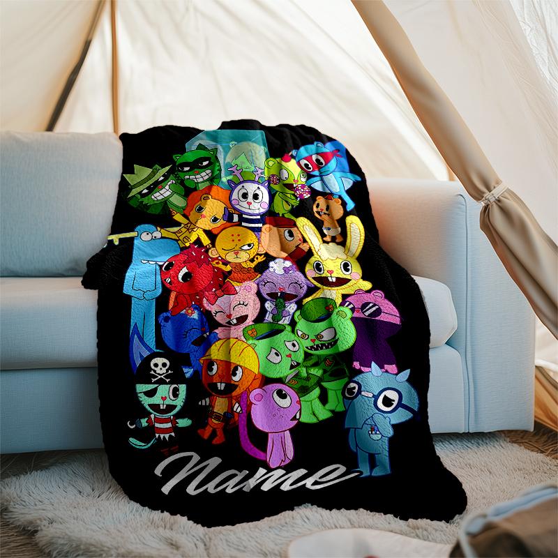Personalisierte Decke mit individuellem Namen - Happy Tree Friends Druckdesign, Decke für Sofa, Bett, Reisen, Camping - Weich und Warm, Tolles Geschenk