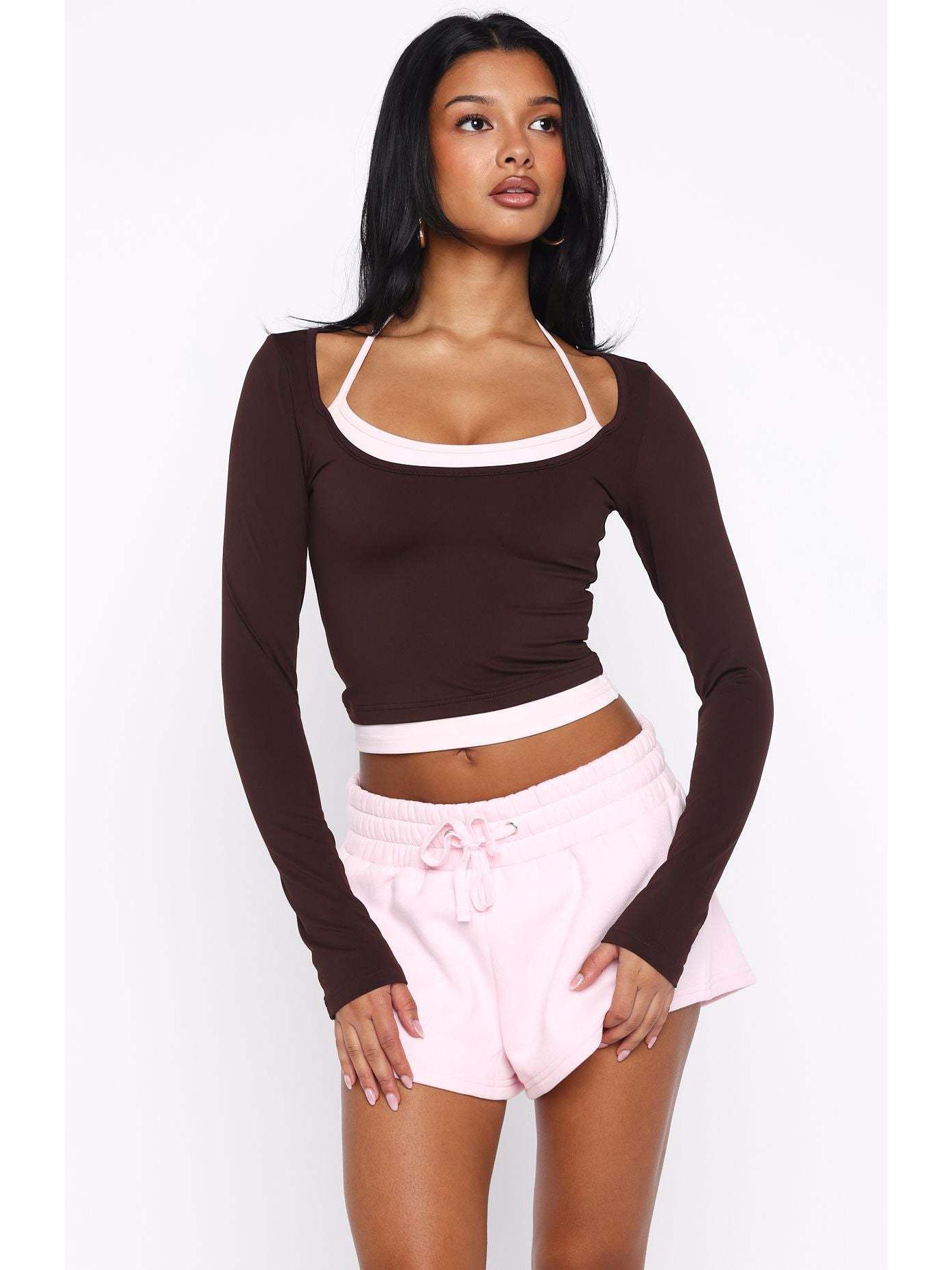 2025 Women s Autumn Color Block Halter Tie-up Fake Two-Piece Crop Top Medium темно-коричневого