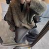 Niche Moss Green Knit V-neck Sweater - Autumn/Winter Loose Fit, Granular Texture.