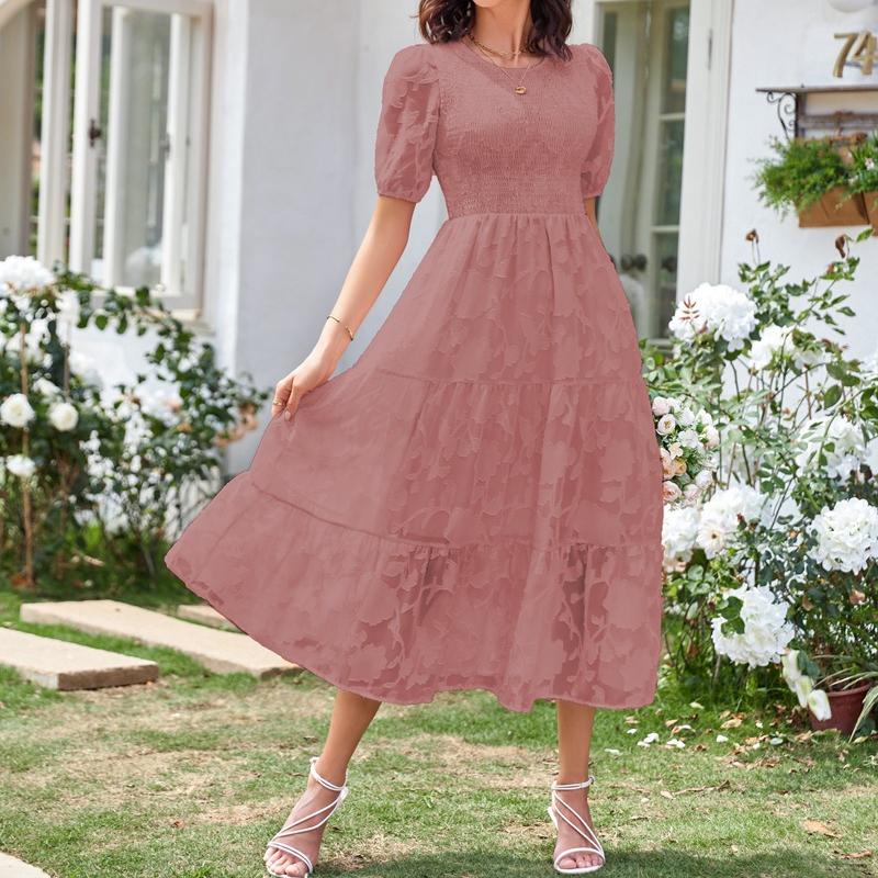 YYFS Women's Fashion Summer Spring Solid Color Print Short Sleeve O-Neck High Waist Casual Dresses