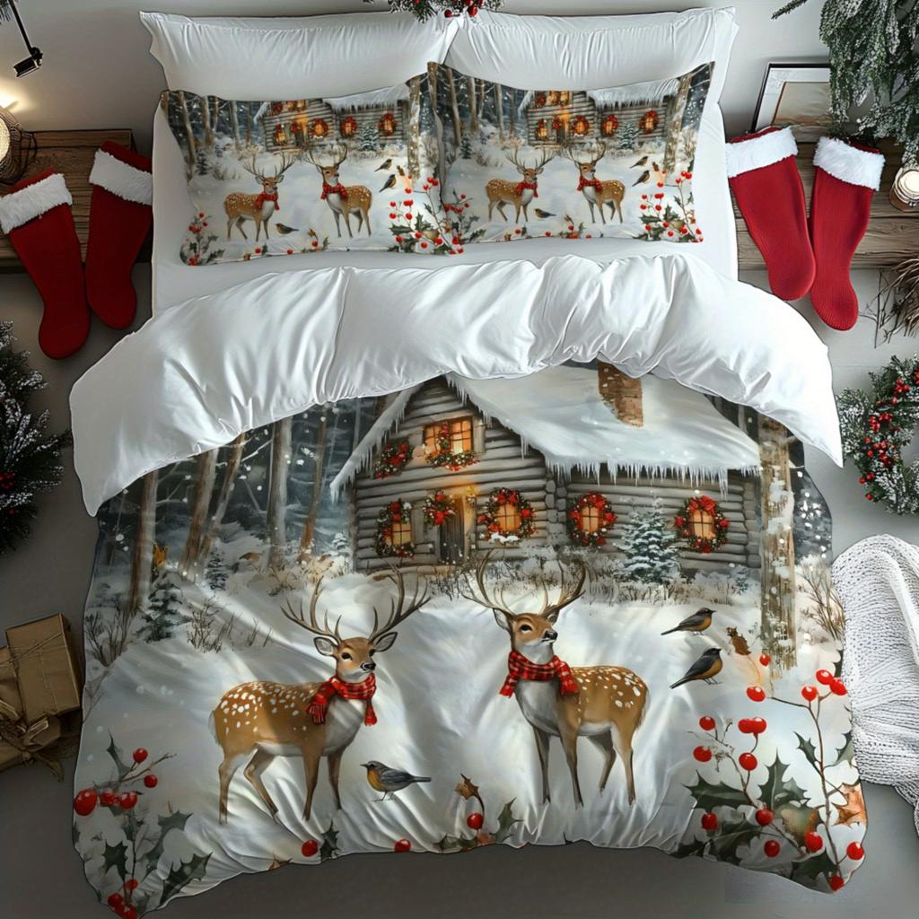 Christmas Santa Claus Sleigh Reindeer Snowman Snowflake Gift Pattern Soft Digital Printing Quilt Cover Kit Bedding