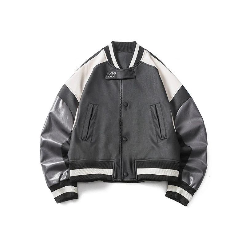 American retro PU leather splicing short motorcycle jacket men's cleanfit deconstruction design baseball jacket tide