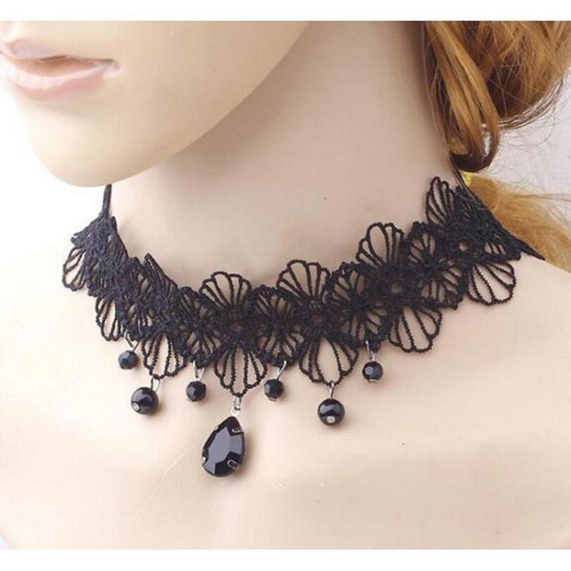 Gothic Lace Choker Necklace Women Minimalist Black Punk Collar Chain With Floral Snake Alloy Pendant