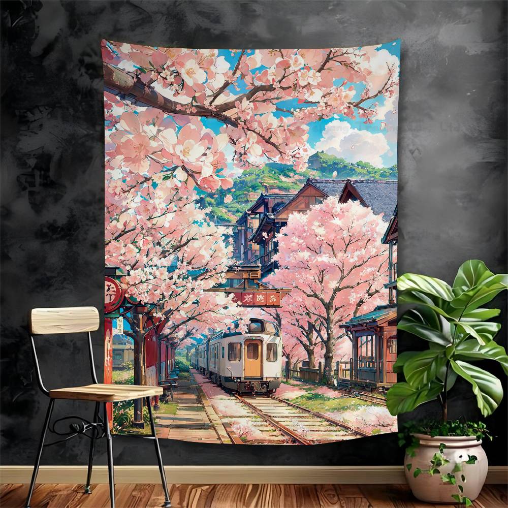 Japanese Street Train Scenery Sakura Cartoon Tapestry Art Science Fiction Room Home Decor Wall Hanging Home Decor