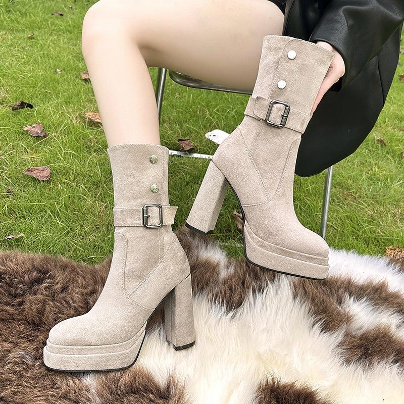 Small Thick-soled Thick-heeled Short Boots Women's New Autumn Retro Suede Super High-heeled Elastic Thin Boots