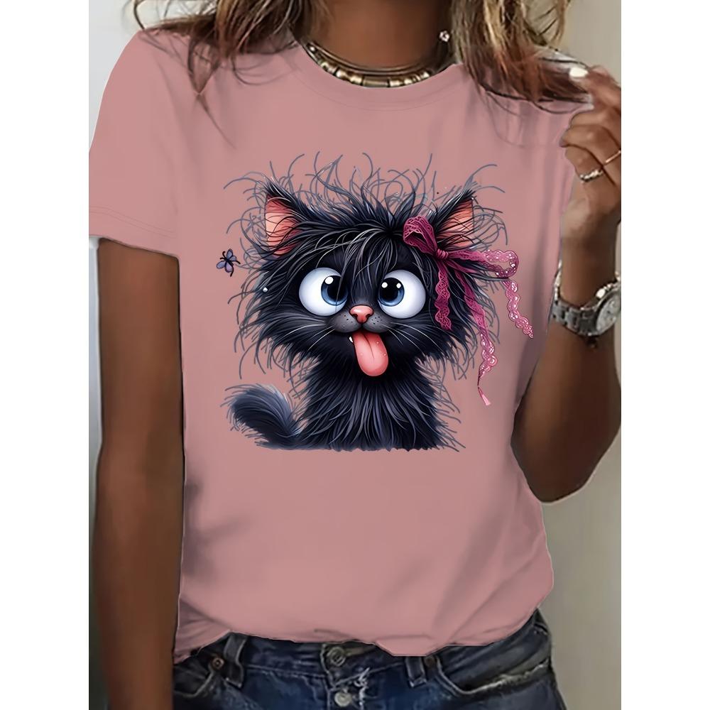 Fluffy Black Cat Women's Tee - Cute Cartoon Graphic, Playful Feline Print for Casual Daily Wear