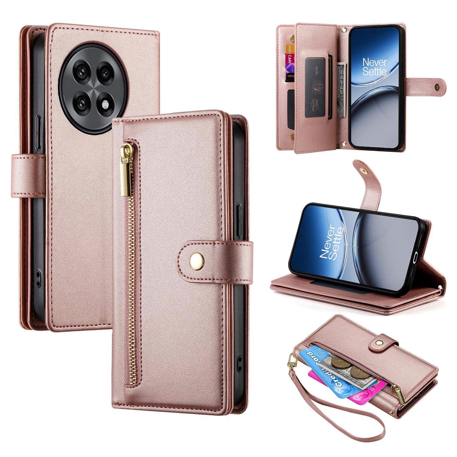 

DF-011 For OnePlus 13R 5G Case Zipper Pocket Wallet Leather Phone Cover with Straps Pink