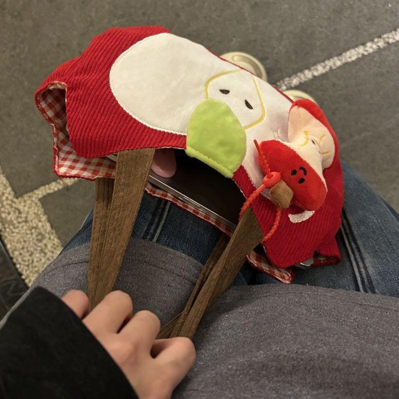 Red Fruit Handbag Creative Cute Corduroy Shoulder Bag Stylish Outing Canvas Bag With Fruit Pendant Casual Versatile Shoulder Bag