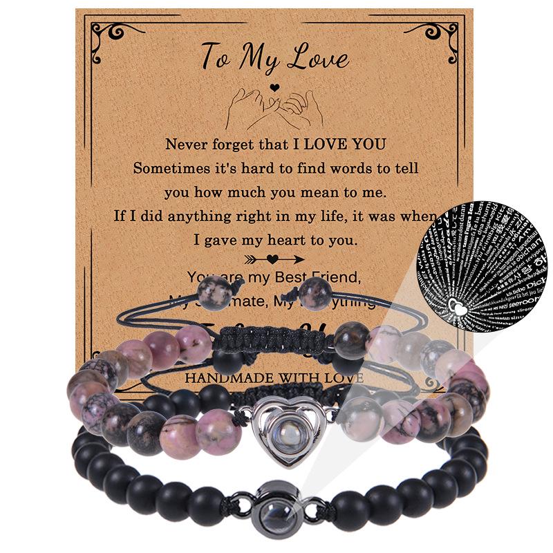Bracciale con proiezione "Ti amo" in 100 lingue con pietra naturale smerigliata e turchese bianco per coppie