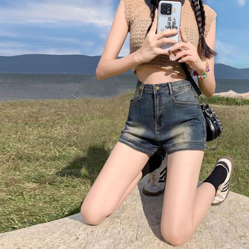 

Women s Retro Distressed High-Waisted Denim Shorts - American Ins Style, Stretchy A-Line Bodycon Hot Pants XS