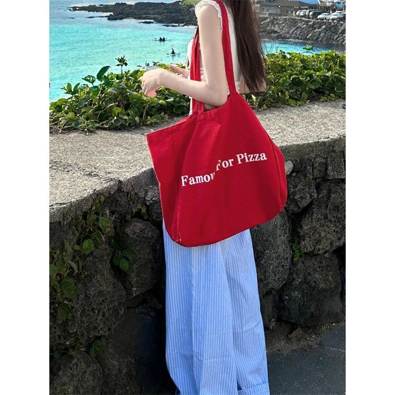 

Korean Ins Style Letter Canvas Bag 2025 Red New Style Student Commuter s All-Matching Large Capacity Shoulder Bag Female Red