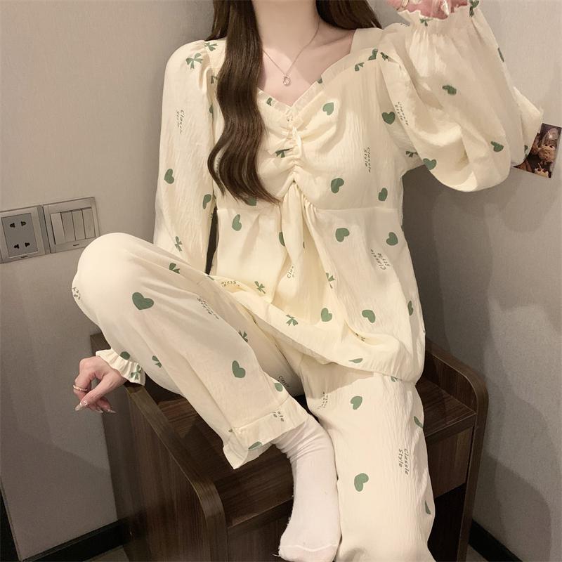 Love Letter Print Raglan Sleeve Design 2 Piece Pajamas Set Women Korean Sweet Casual Simple Pajamas Set Autumn Winter Homewear