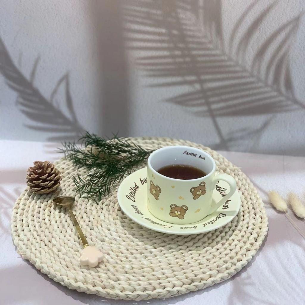 Ins Cream Wind Cartoon Biscuits Bear Cups And Saucers Simple And Delicate Dessert Plate British Niche Coffee Cup And Saucer Set