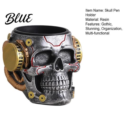 Skull Shaped Desk Accessory Pen Holder, Spooky Resin Makeup Brush Holder Multi-functional Desktop Organizer for Home Office, Halloween Decor