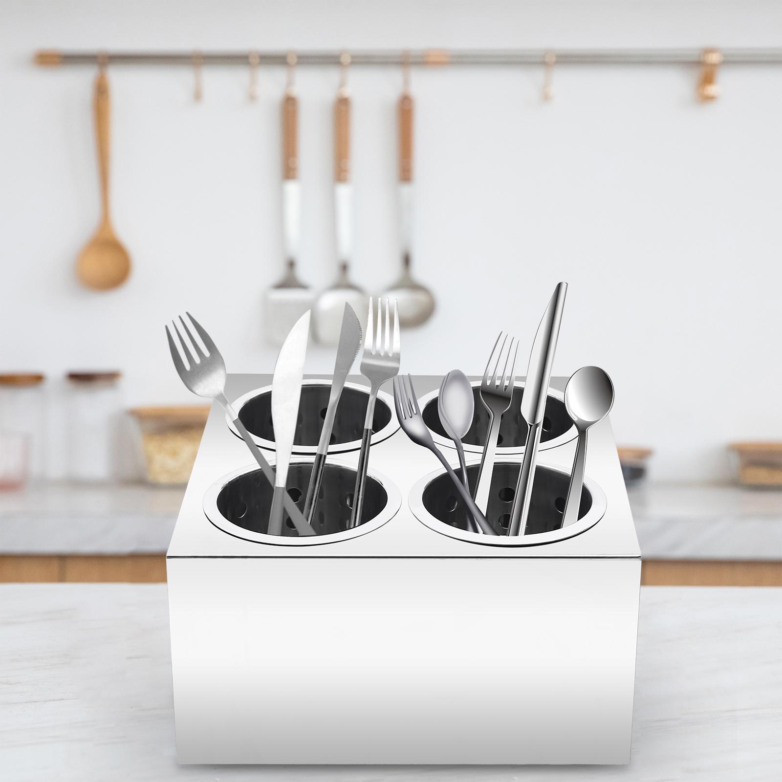 

Bymaocar 4 Grids Double Row Knife & Fork Box Countertop Cylinder Storage Organizer Holder Stainless Steel Flatware for Kitchen серебряный