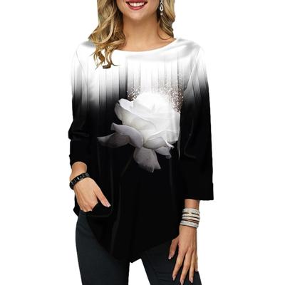 Women O Neck Long Sleeve Asymmetric T-Shirt Blouse Floral Print