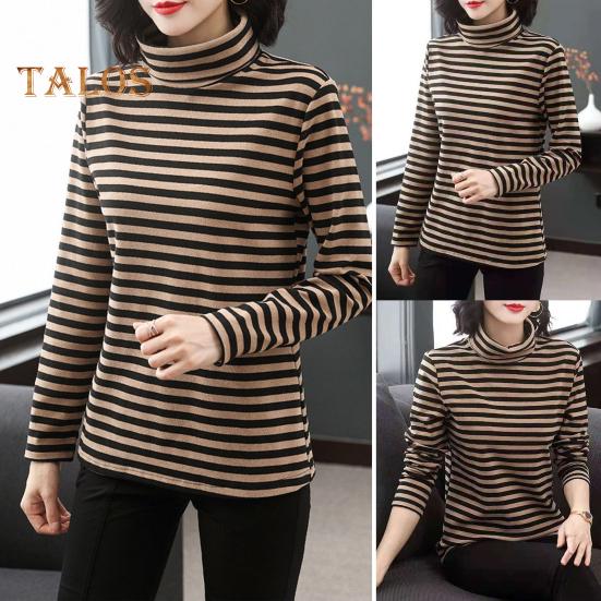 Women Bottoming Tops High Collar Long Sleeve Thickened Velvet Lining Pullover Tops Striped Print Tee Tops
