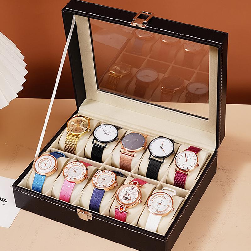 Watch Box Watch Organizer With Lock Removable Pillows Synthetic Leather Storage Case For Men Travel Gifts