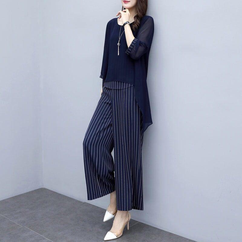 Traje Cubre Vientre Estilo Occidental Dos Piezas Pantalones Pierna Ancha Mujer Talla Grande Gordo Holgado Adelgazante Top de Gasa Verano