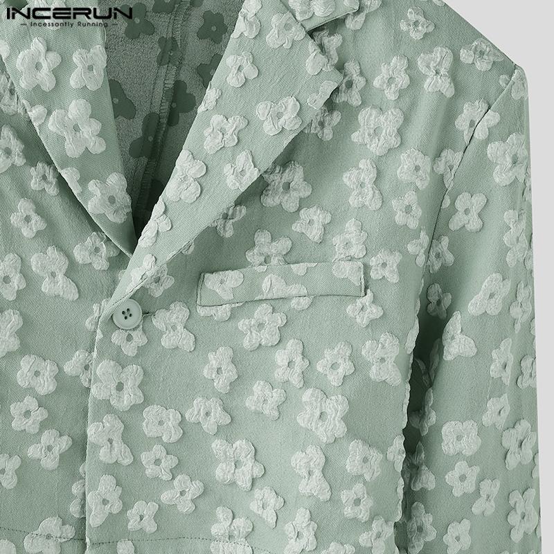 INCERUN Men Lapel Neck Long Sleeve One Button Flowers Texture Cropped Blazer Coats