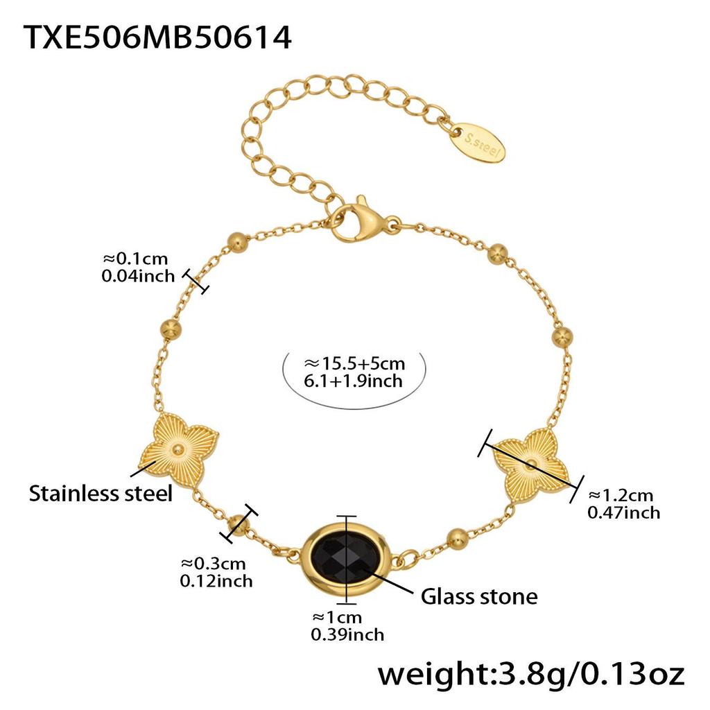 18K Gold-Plated Stainless Steel Jewelry Set: Bead Chain Necklace & Earrings with Oval Bezel Faceted Glass Stone.