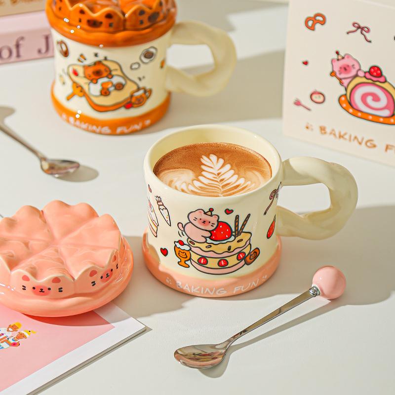 Hand drawn Birthday Cake Cute Cat Mug Office High Looking Girl Water Cup with Lid Home Couple Ceramic Cup