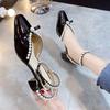 French girl bow pearl bag head single shoes women's heel thick heel retro Mary Jane shoes 2025 new sandals
