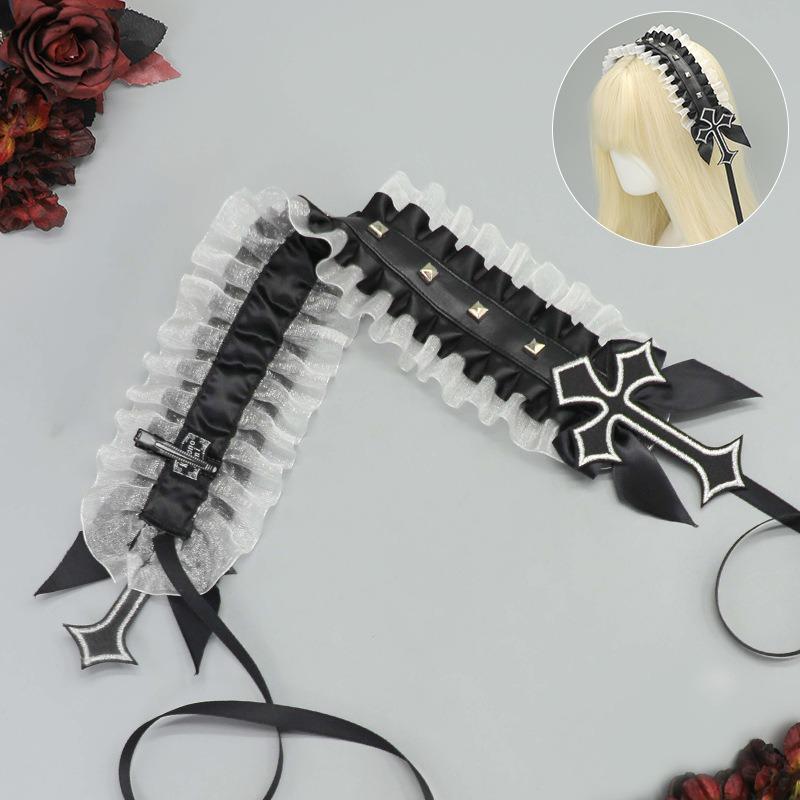 Dark gothic punk rivet headband subculture yk niche headgear lace rivet cross versatile hair accessories