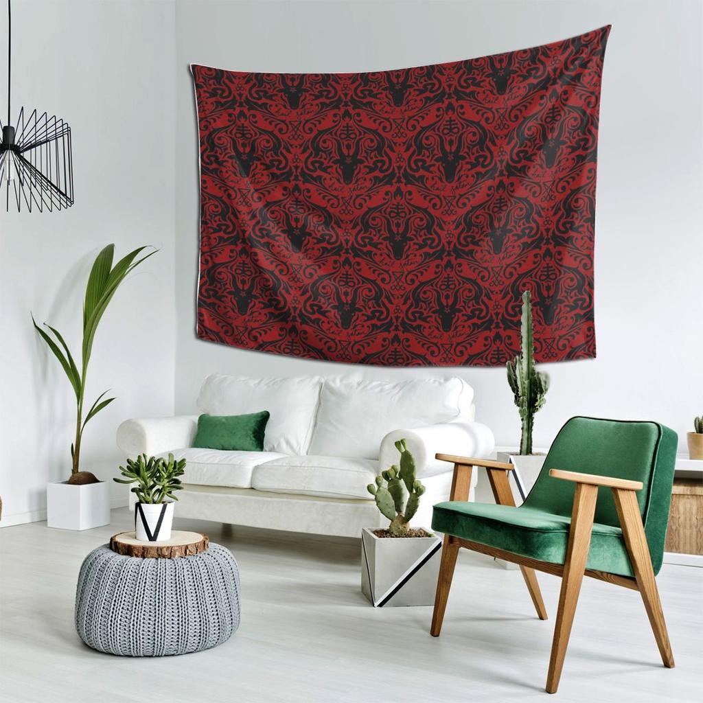 Damask  Hail Satan Black  Red Default Tapestry Decoration Art Aesthetic Tapestries Living Room Home Wall Cloth Wall Hanging