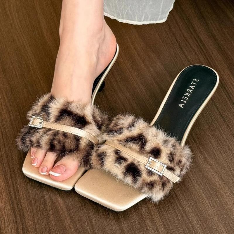 

Fashion Sexy Leopard Design Brand High Heel Slippers Women Luxury Rhinestone Buckle Slide Sandals Comfortable Warm Plush Designer Shoes 35 абрикосовый