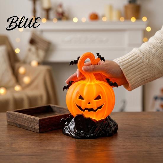 Battery Operated Candle Lights 2Pcs Halloween Pumpkin Night Light, Flameless LED Lamp with Bat Safety Decor, Plastic Tabletop Ornament for Home Party