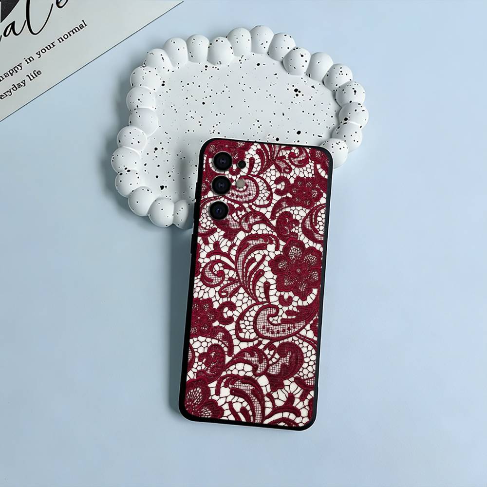 L-Lace Print Pattern Phone Case For Samsung S25,S24,S21,S22,S23,S30,Ultra,S20,Plus,Fe,Lite,Black Soft Silicone