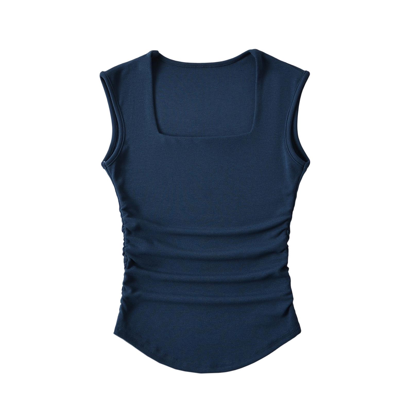 

2024 Плиссированная футболка с квадратным вырезом, облегающая фигуру, для женщин - Эластичная, с коротким рукавом, с фигурным низом Small синий