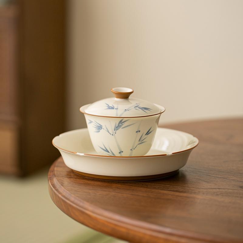 120ml Hand-painted Persimmon Bamboo Cover Bowl Household Anti Scald Gaiwan Handmade Tea Tureen Tea Making Tea Cup Tea Items