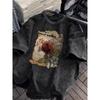 Vintage Schwarz Gewaschen Rot-Rote Rose Print T-Shirt Distressed Gothic Floral Zeitung Tee Lässiger Lockerer Schnitt YK Kurzärmelig
