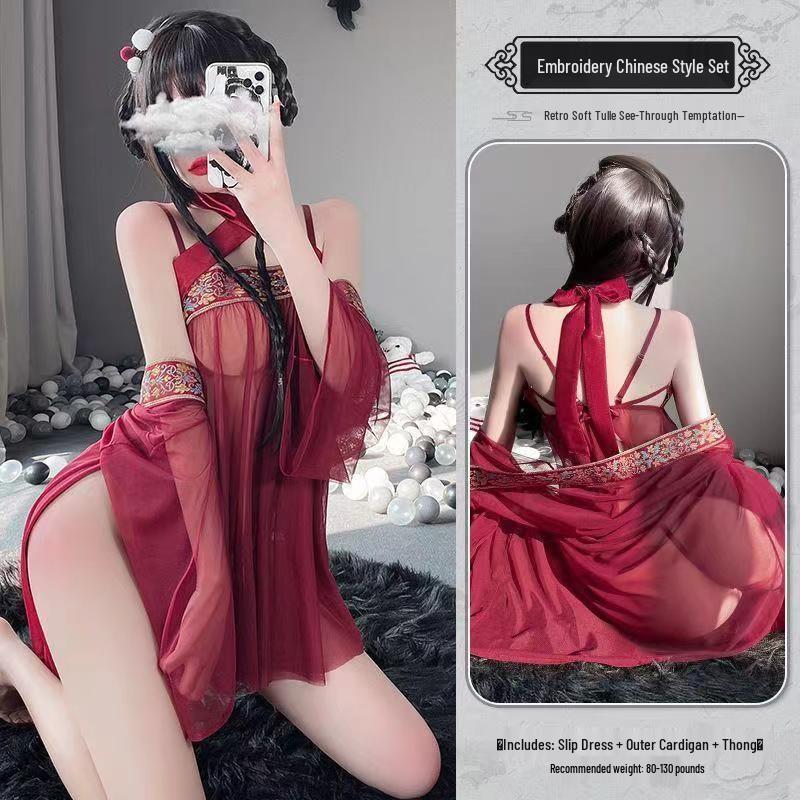 Modern Plus Size Hanfu Pajama Set: Women's Sexy Chiffon Gauze Nightgown with Ancient Dudou Design