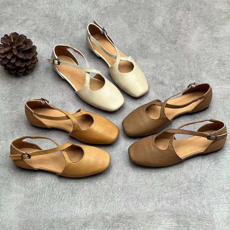 Johnature Handmade Genuine Leather Shallow Buckle Strap Sandals Versatile Soft Cowhide Women's Flat Shoes