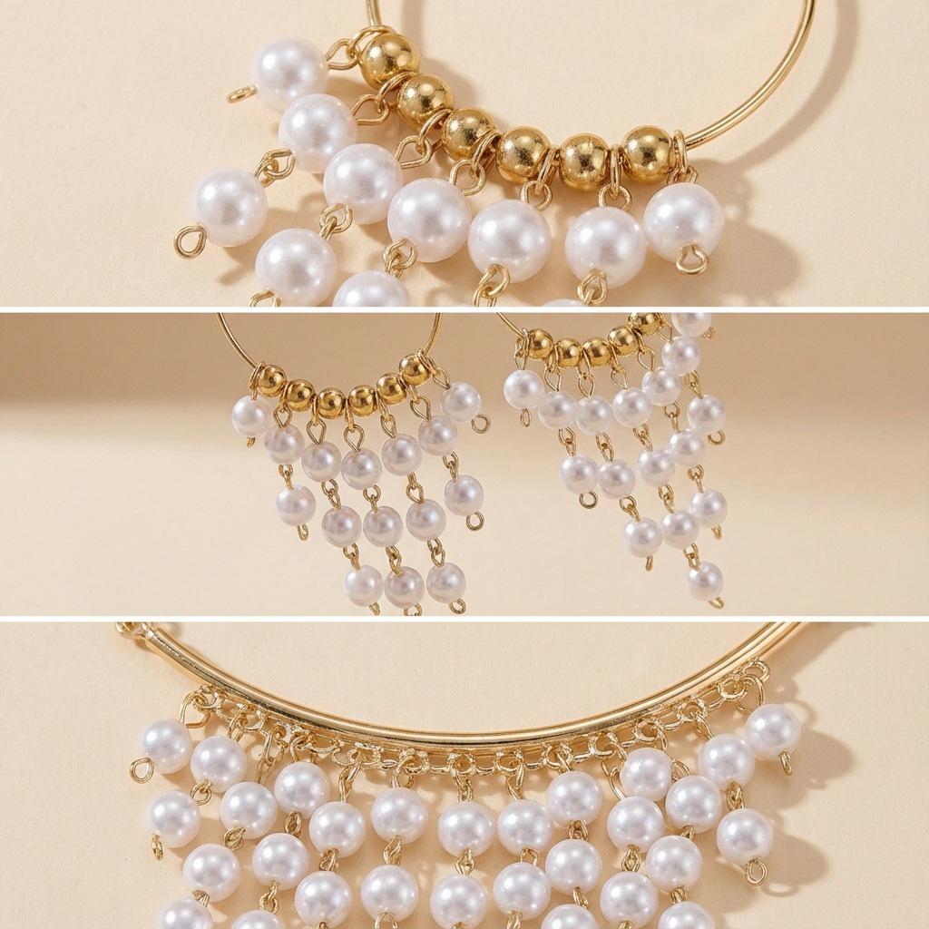 Retro Imitation Pearl Tassel Necklace and Earring Set - European & American Bestseller