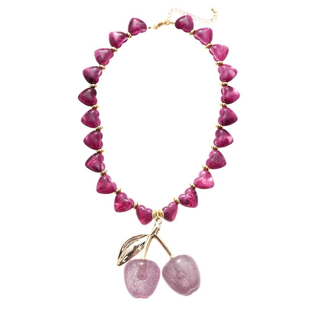 Love Heart Beadeds Women Cherry Necklace Acrylic Bohemia Choker Cherry Pendant  Vacation