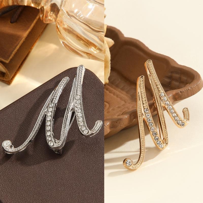 2Pcs  Full  Encrusted Gold And Silver Alphabet Letter Brooches Pins Minimalist Clothing Jewelry Accessory