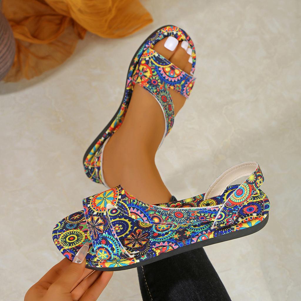 Fashion Plus-size Women's Sandals Slippers 2025 Summer New Flat Printed Toe Bohemian Ethnic Style Cool Sandals for Women