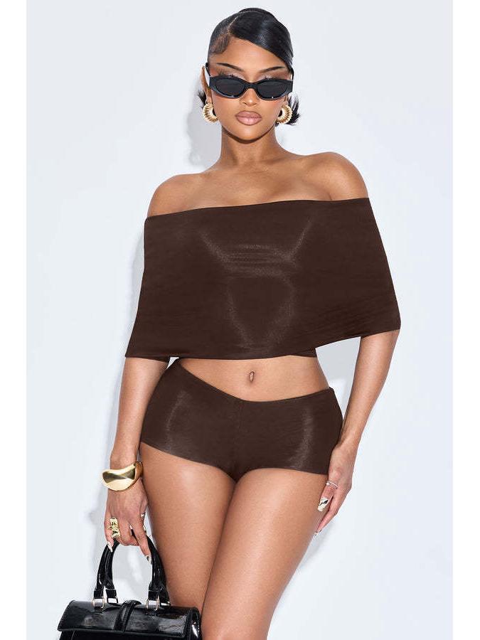 

Women s Three-Piece Set: Sexy One-Shoulder Lapel Top with Tight Super Short Shorts and Calf Socks XL