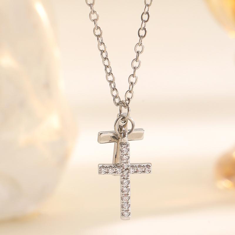 

Luxury Stainless Steel Double-Layer Cross Pendant Necklace for Women Shiny Cubic Zirconia Geometric Clavicle Chain Daily Zircon мідний
